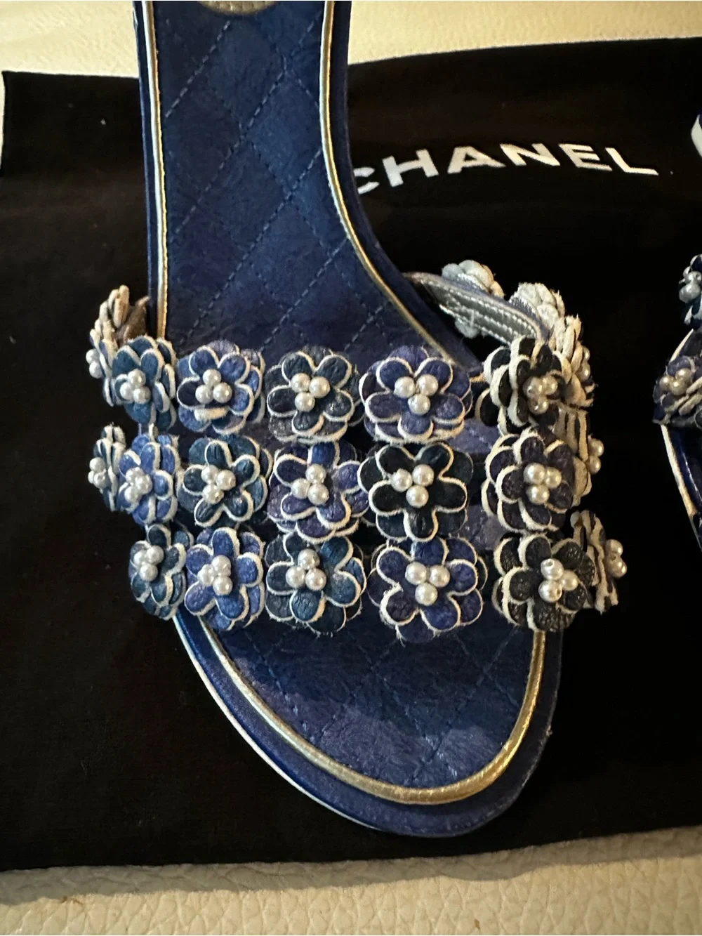 Chanel Vivid Blue Camellia Pearls CC Ankle Strap Sandals Eu 36